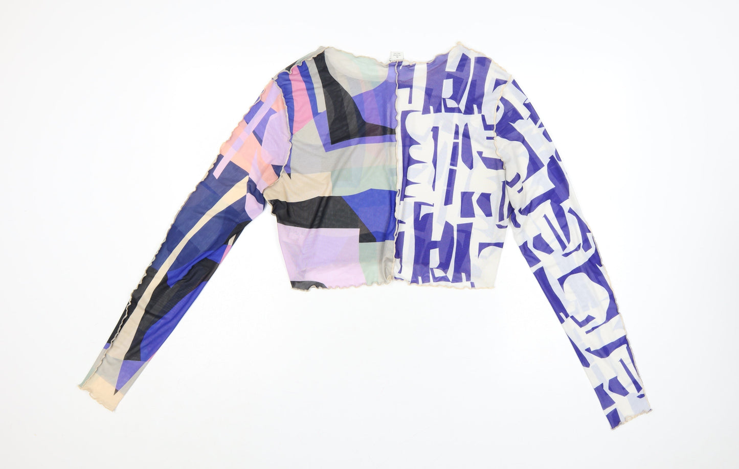 Monki Women Multicoloured Geometric Mesh Cropped Long Sleeve Blouse XL
