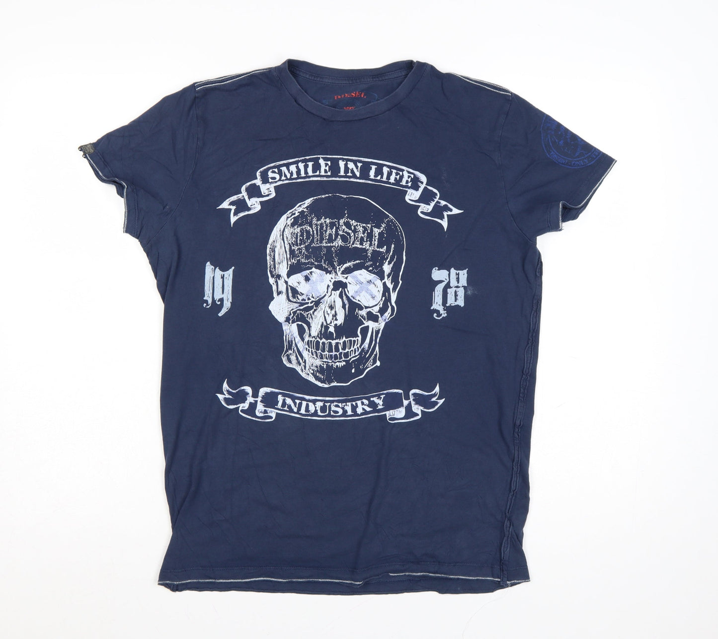 Diesel Women's Blue Graphic Skull T-Shirt L Cotton Casual Rock Style