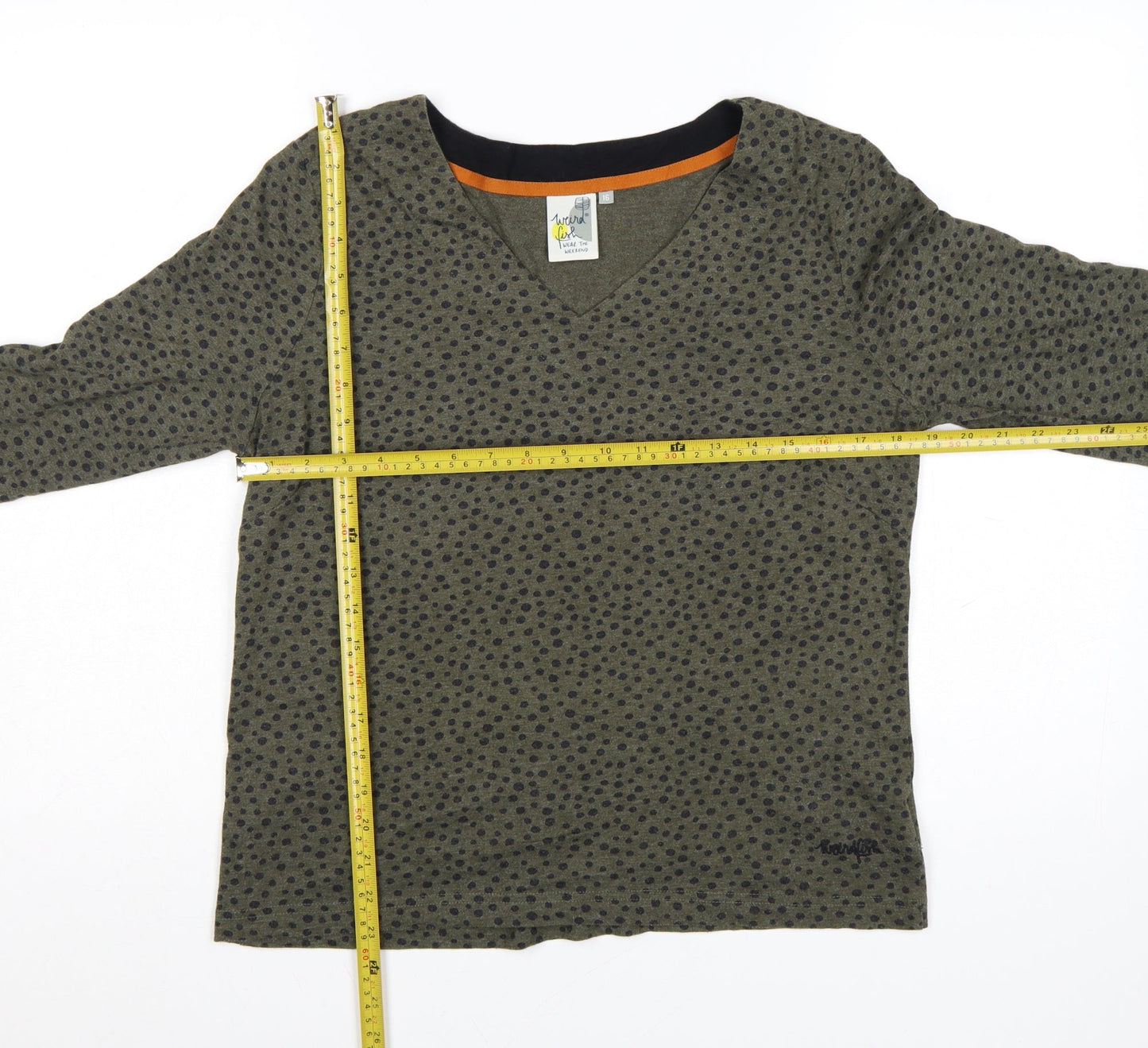 Weird Fish Womens Green Polka Dot V-Neck Jersey Top Size 16 3/4 Sleeve