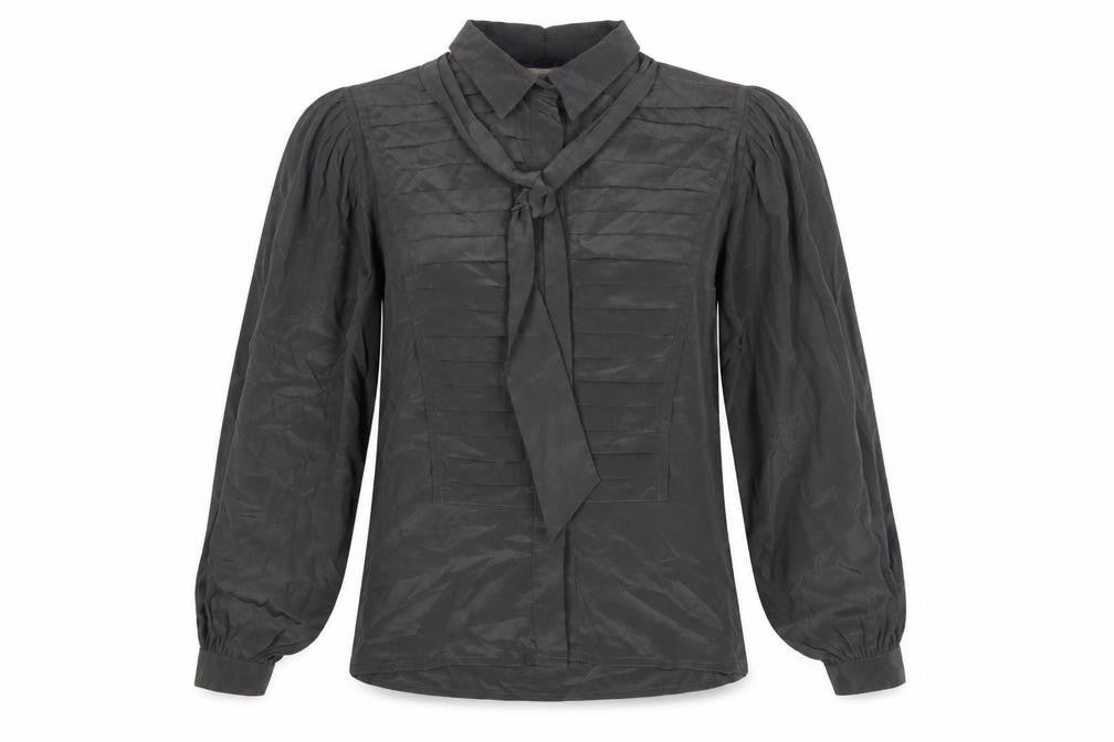 Elgé Womens Grey Silk Classic Pleated Tie Blouse Size 8