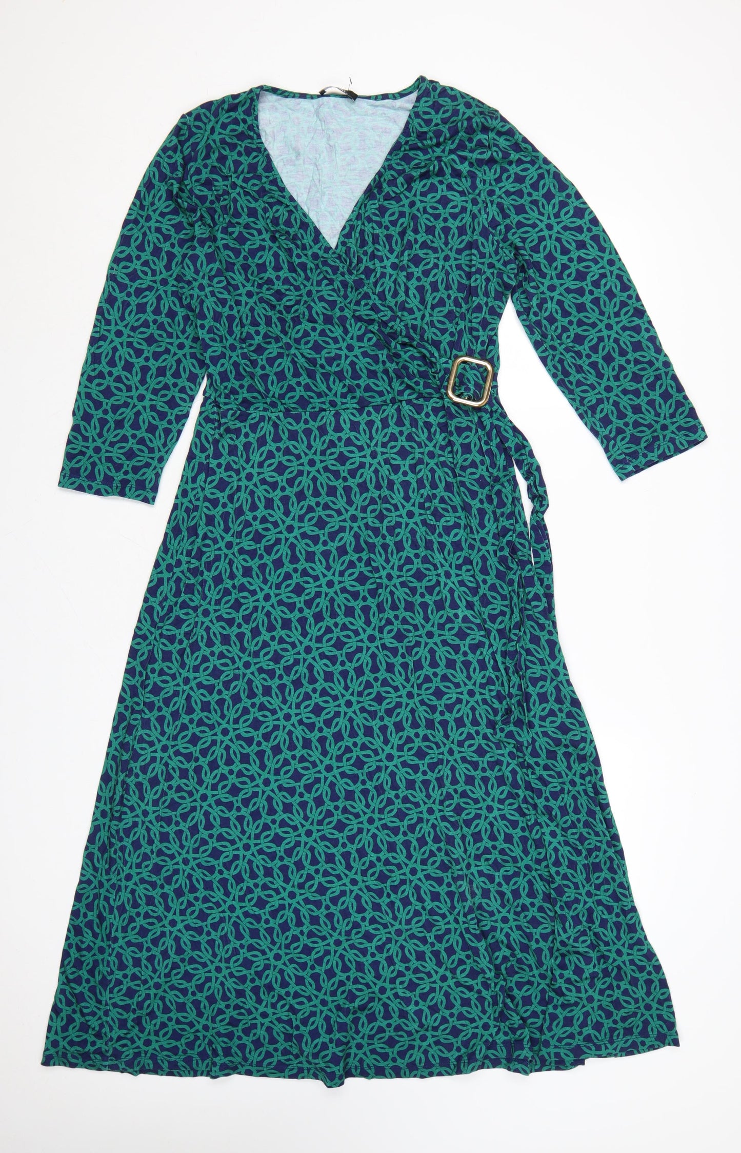 Wallis Women Green Geometric Midi Wrap Dress Size 14 Viscose Stretch