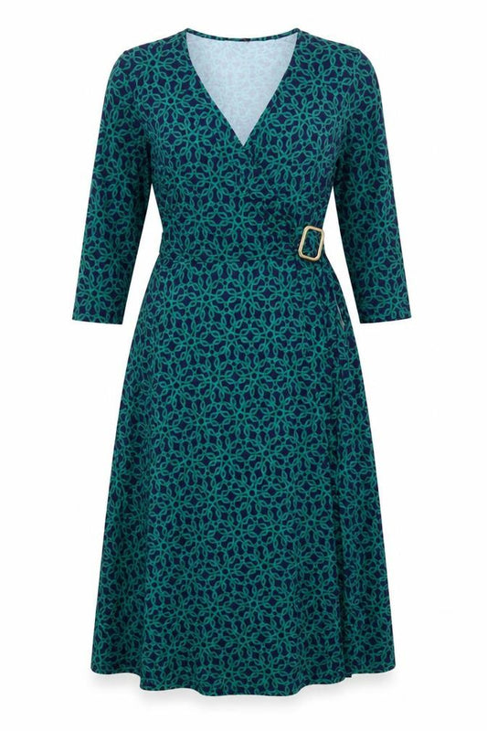 Wallis Women Green Geometric Midi Wrap Dress Size 14 Viscose Stretch