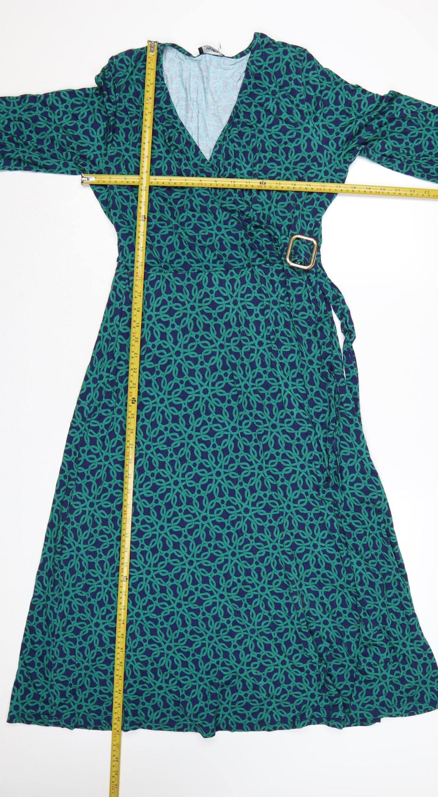 Wallis Women Green Geometric Midi Wrap Dress Size 14 Viscose Stretch