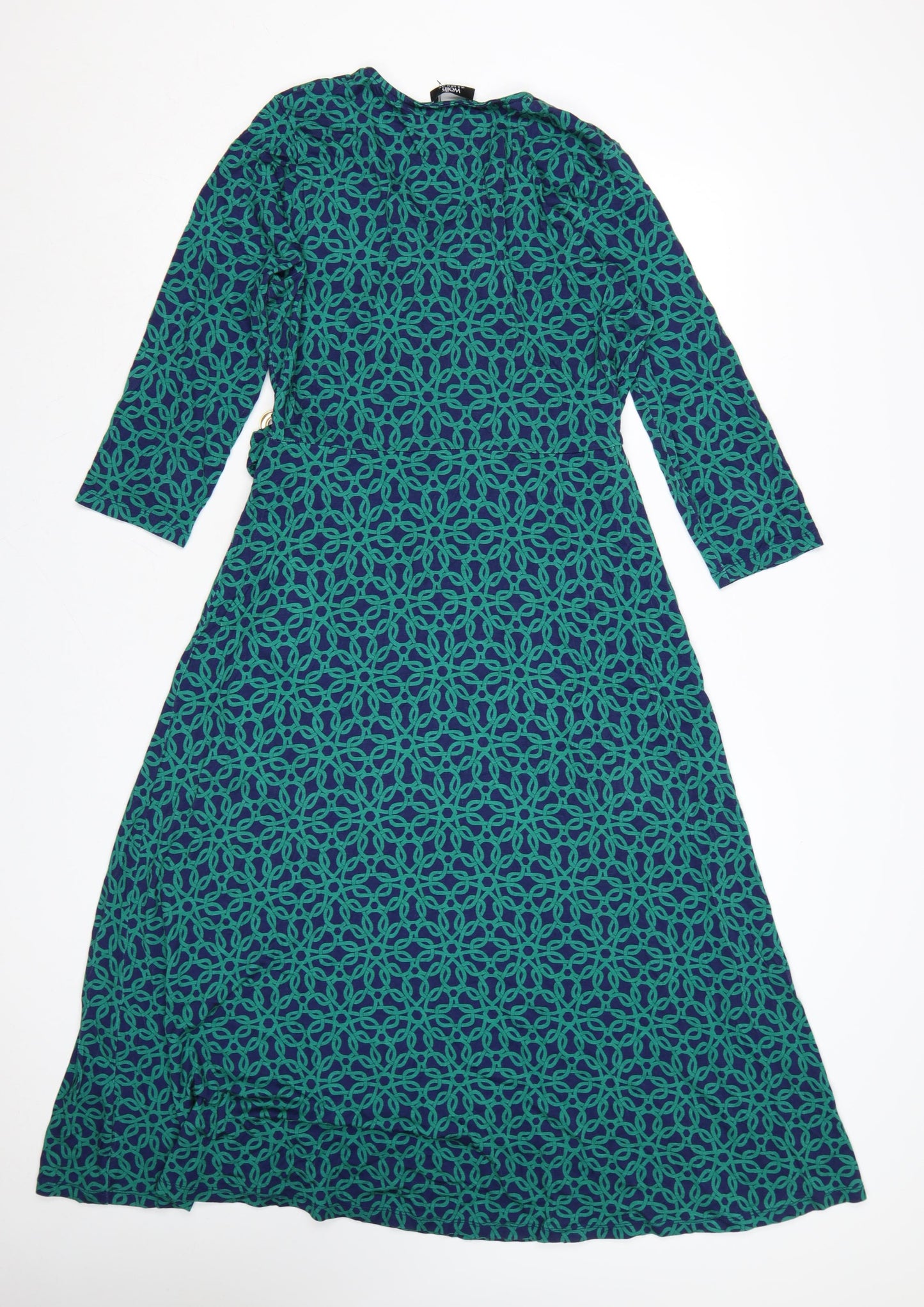 Wallis Women Green Geometric Midi Wrap Dress Size 14 Viscose Stretch