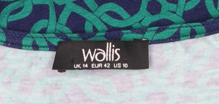 Wallis Women Green Geometric Midi Wrap Dress Size 14 Viscose Stretch