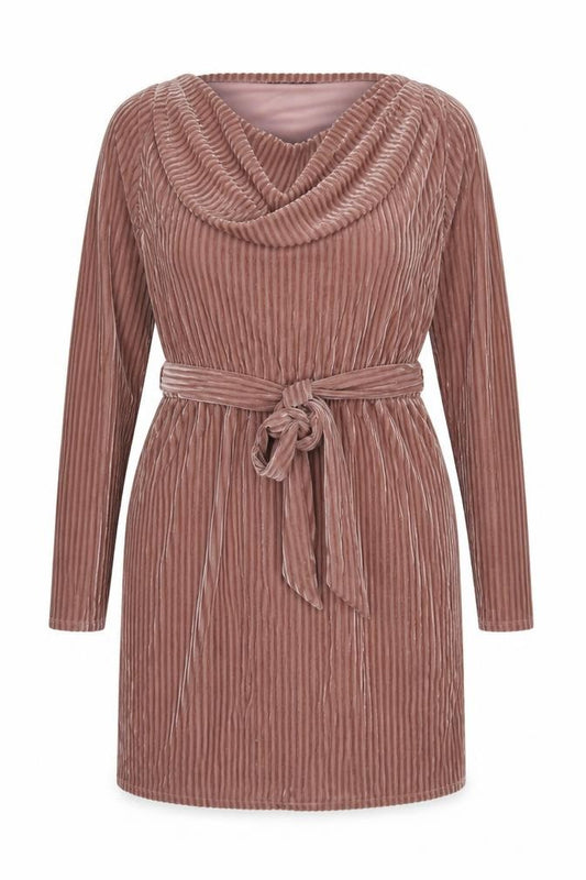 Little Mistress Women Pink Velvet Belted Cowl Neck Knee Length Dress Size 14