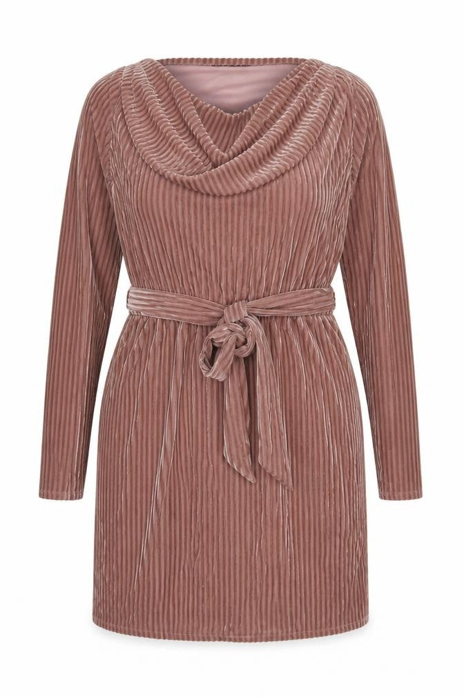 Little Mistress Women Pink Velvet Belted Cowl Neck Knee Length Dress Size 14
