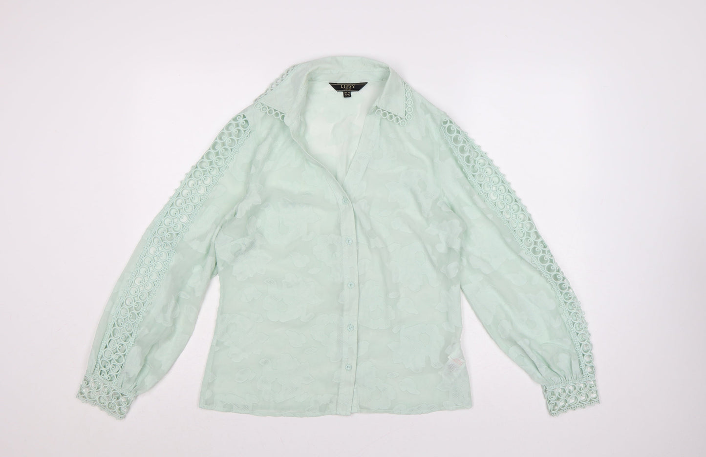 Lipsy Women Green Floral Crochet Long Sleeve Blouse Size 10