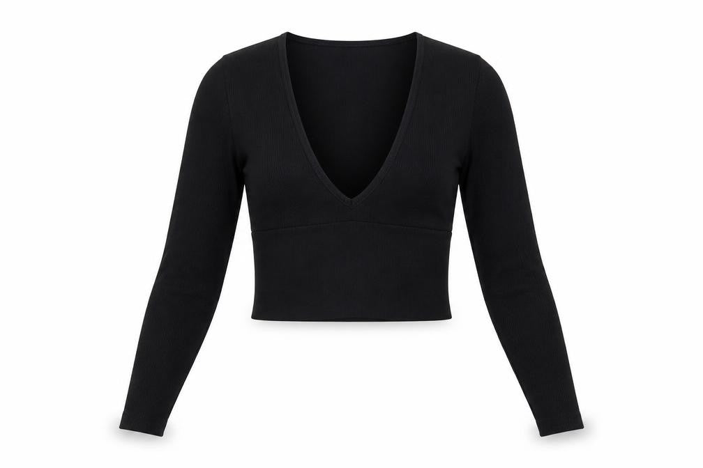 Urban Outfitters Womens Black Cropped Long Sleeve V-Neck Top S
