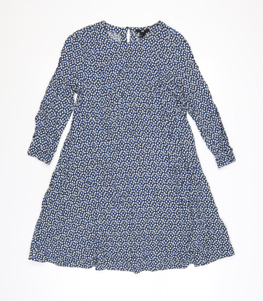 H&M Women Blue Floral A-Line Knee Length Viscose Dress Size 10