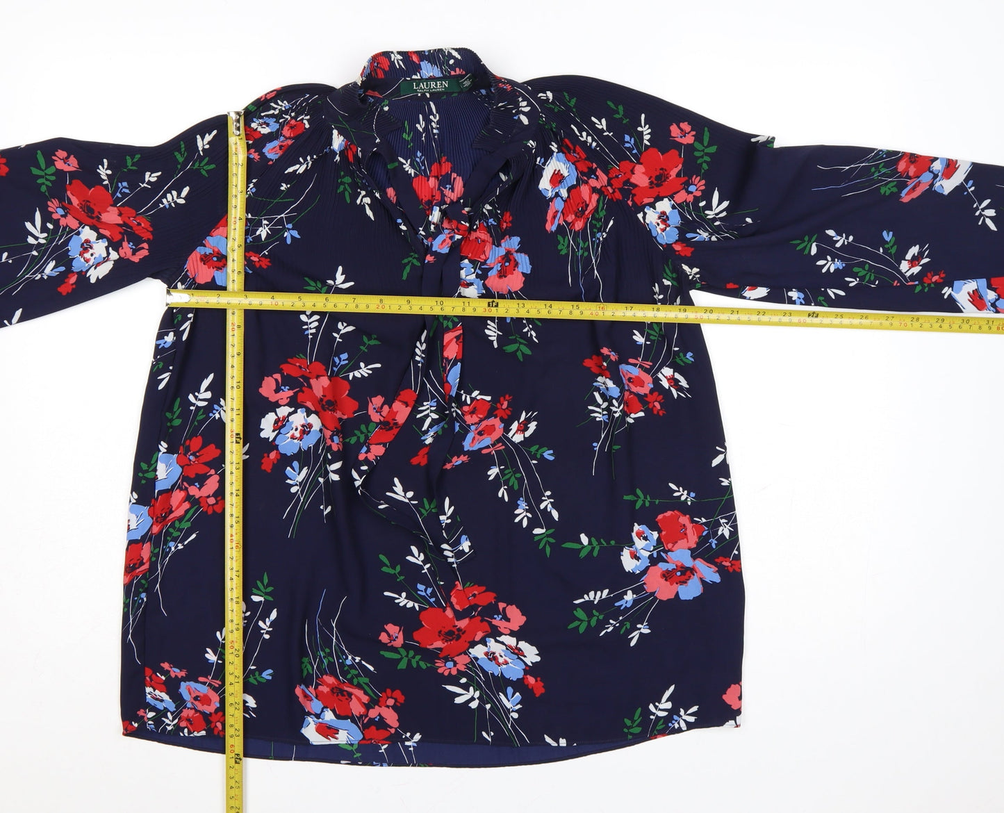 Ralph Lauren Women Blue Floral Ruffle Long Sleeve Blouse XS
