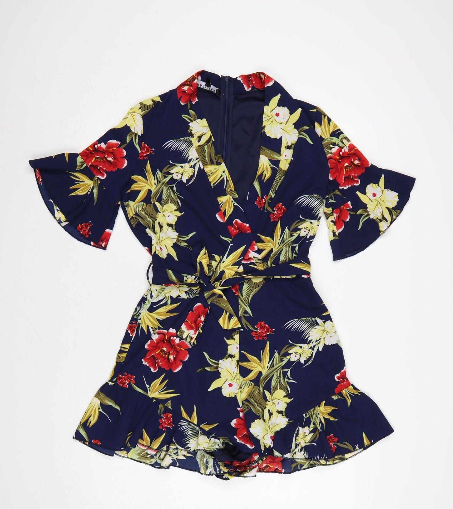 Parisian Women’s Navy Floral Wrap Playsuit UK 10 Short Sleeve Belted Summer Outfit