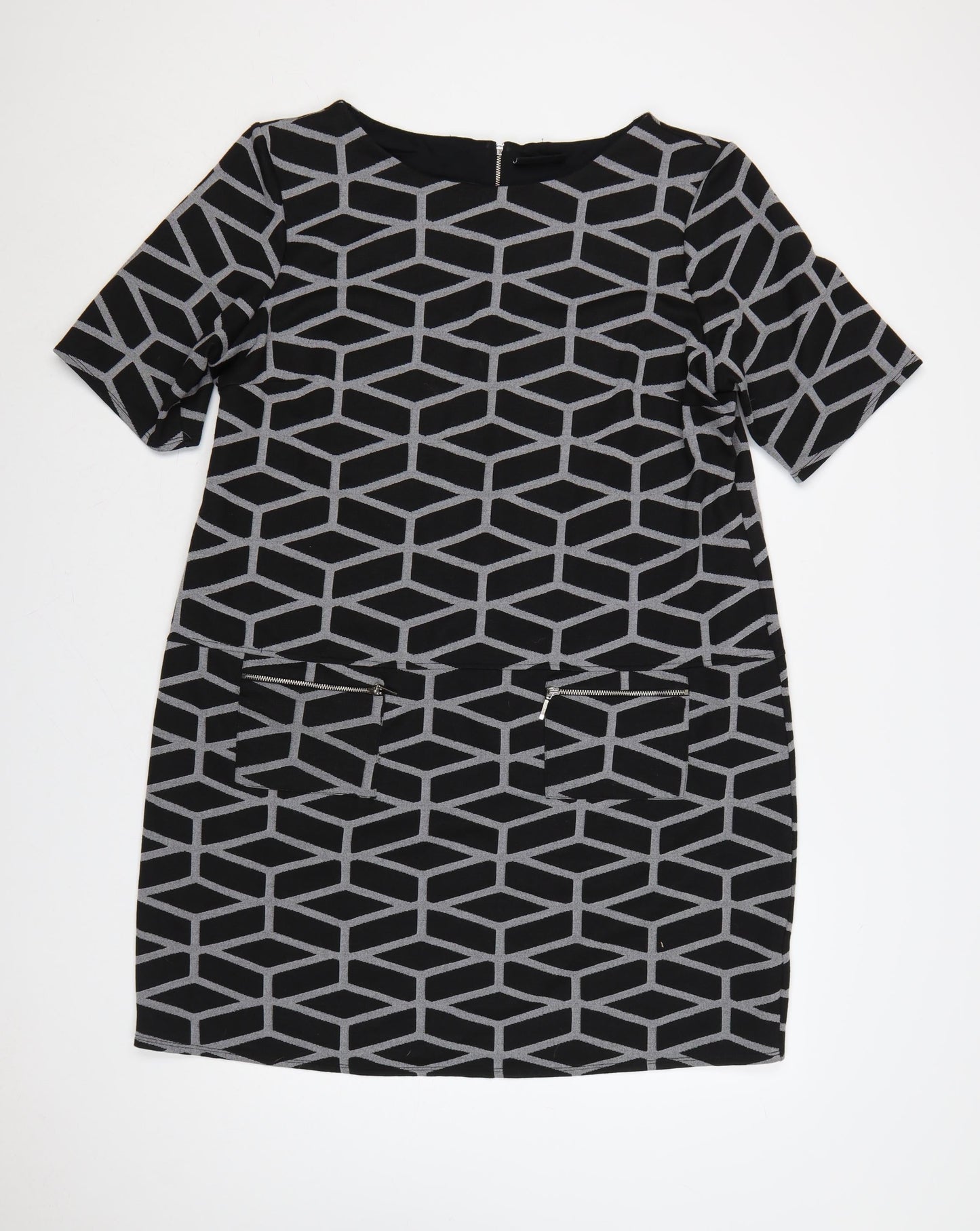 Wallis Women’s Black Geometric Shift Dress Size 20 Knee Length Zip Detail