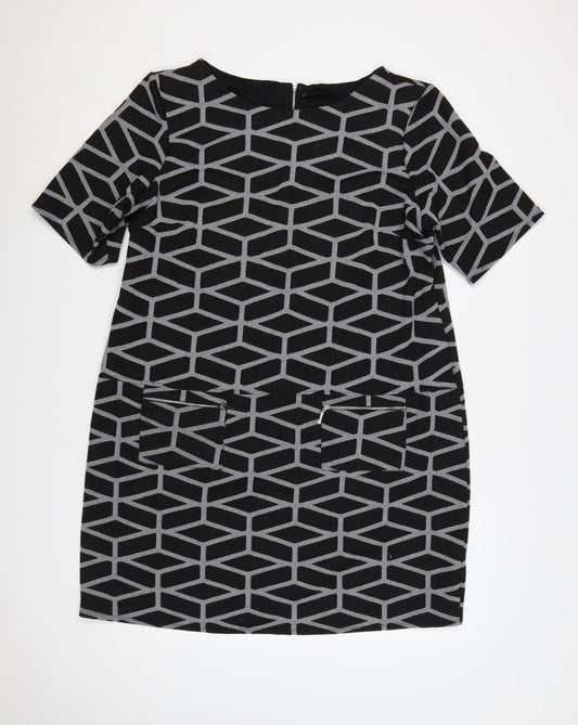Wallis Women’s Black Geometric Shift Dress Size 20 Knee Length Zip Detail