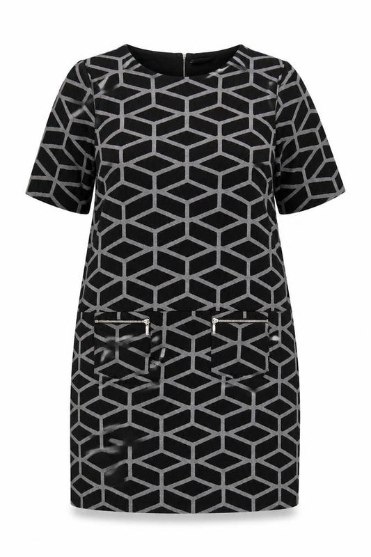 Wallis Women’s Black Geometric Shift Dress Size 20 Knee Length Zip Detail