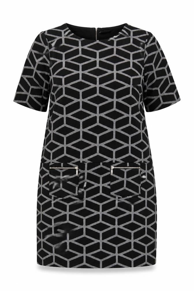 Wallis Women’s Black Geometric Shift Dress Size 20 Knee Length Zip Detail