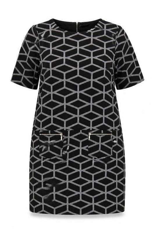 Wallis Women’s Black Geometric Shift Dress Size 20 Knee Length Zip Detail