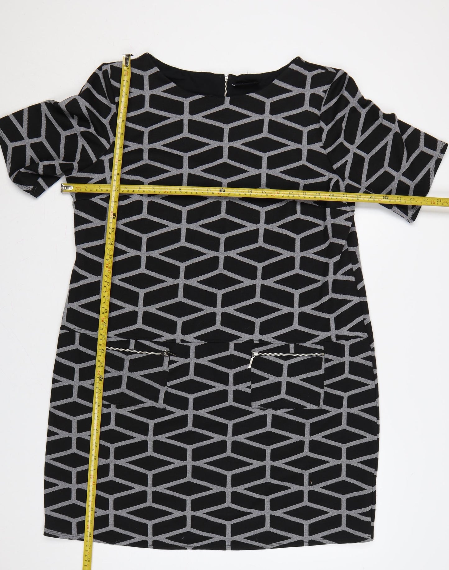 Wallis Women’s Black Geometric Shift Dress Size 20 Knee Length Zip Detail