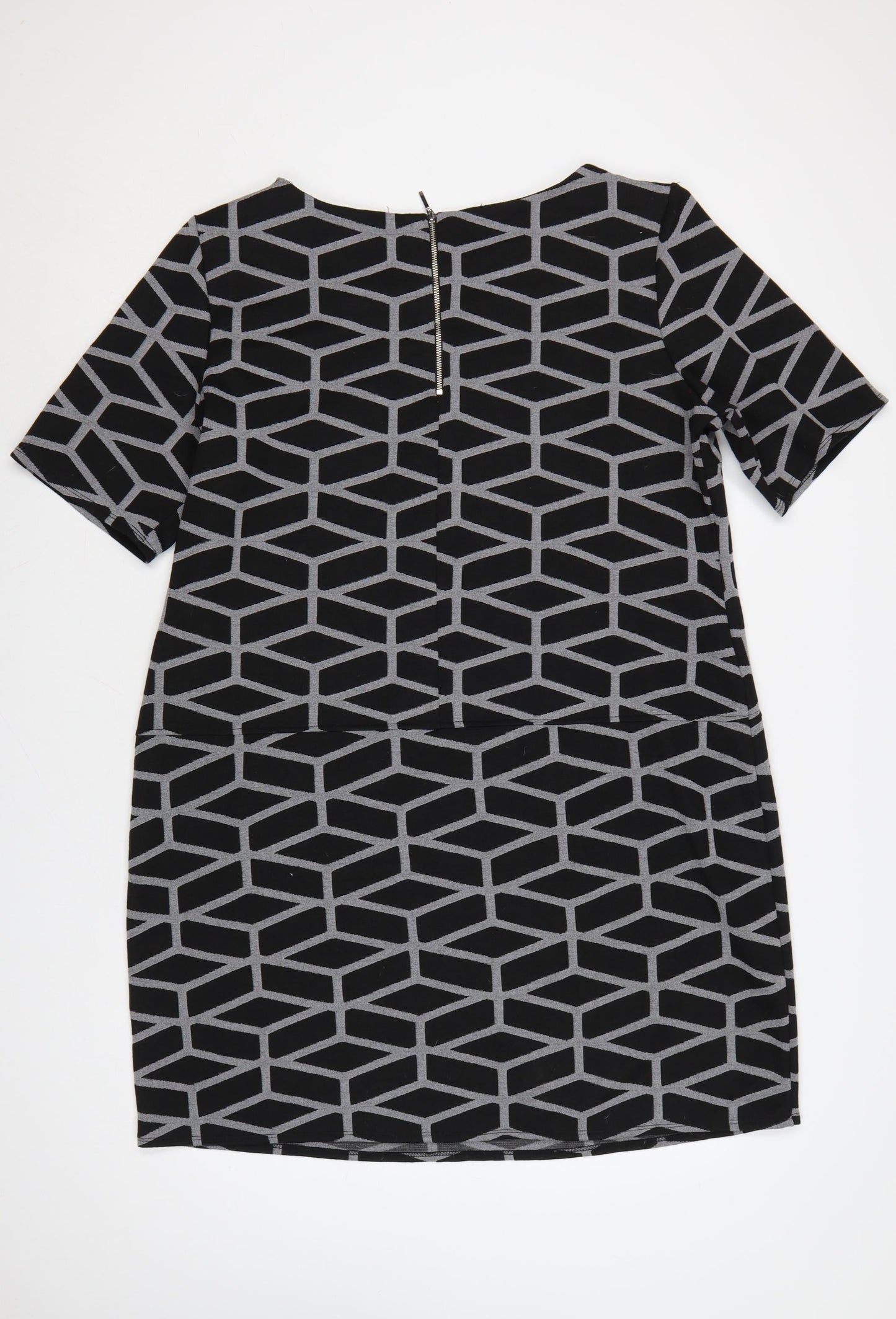 Wallis Women’s Black Geometric Shift Dress Size 20 Knee Length Zip Detail