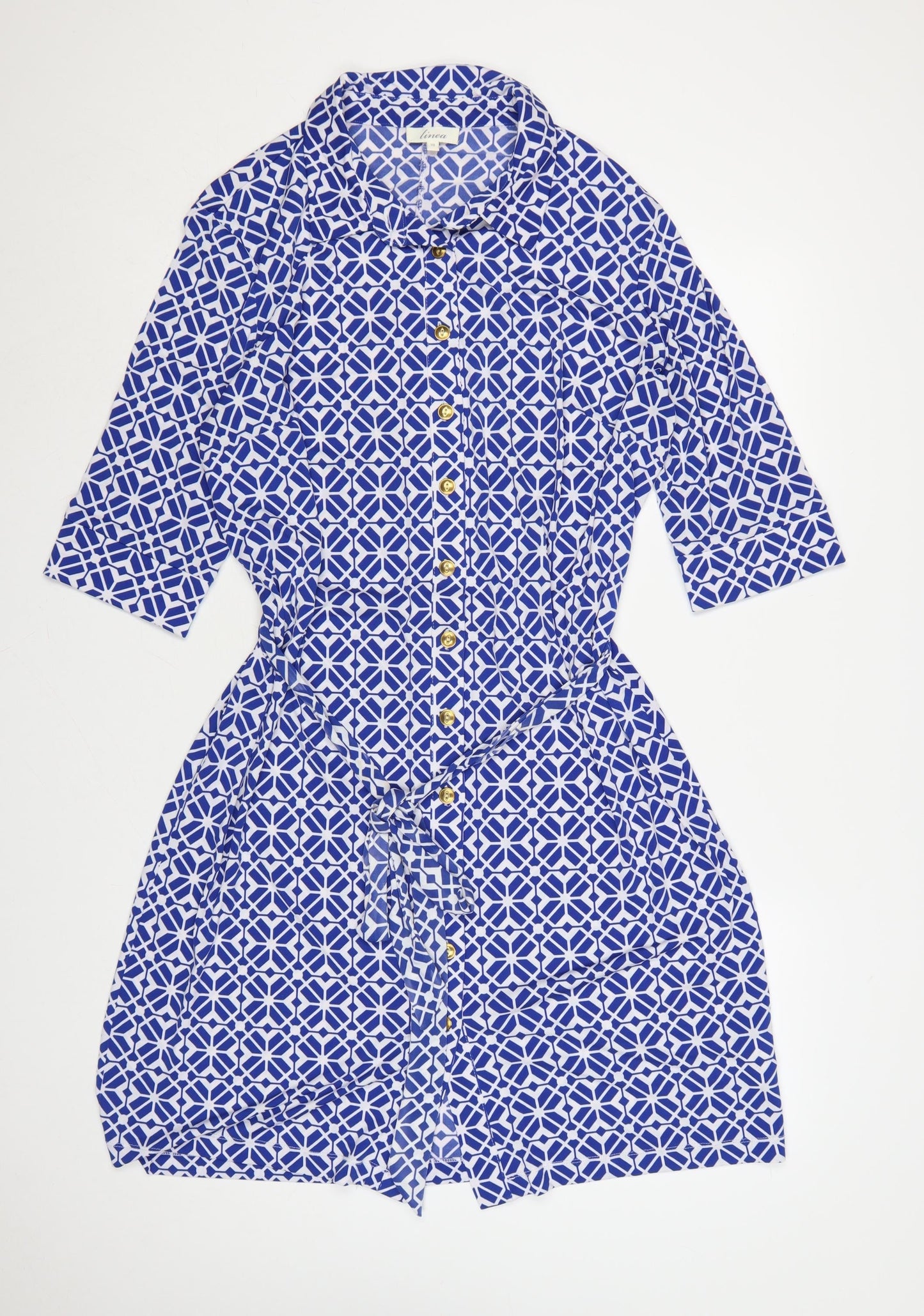Linea Women Blue Geometric Collared Shirt Dress Size 18