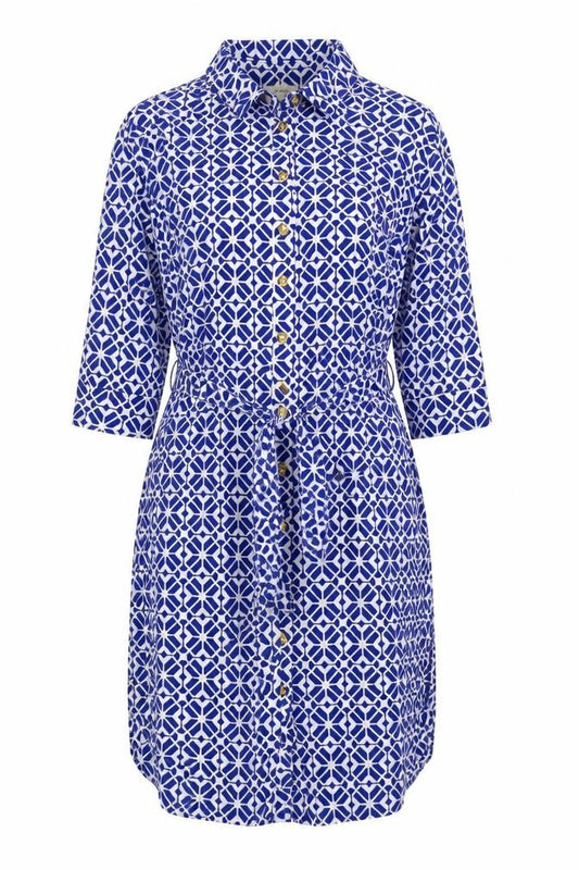 Linea Women Blue Geometric Collared Shirt Dress Size 18