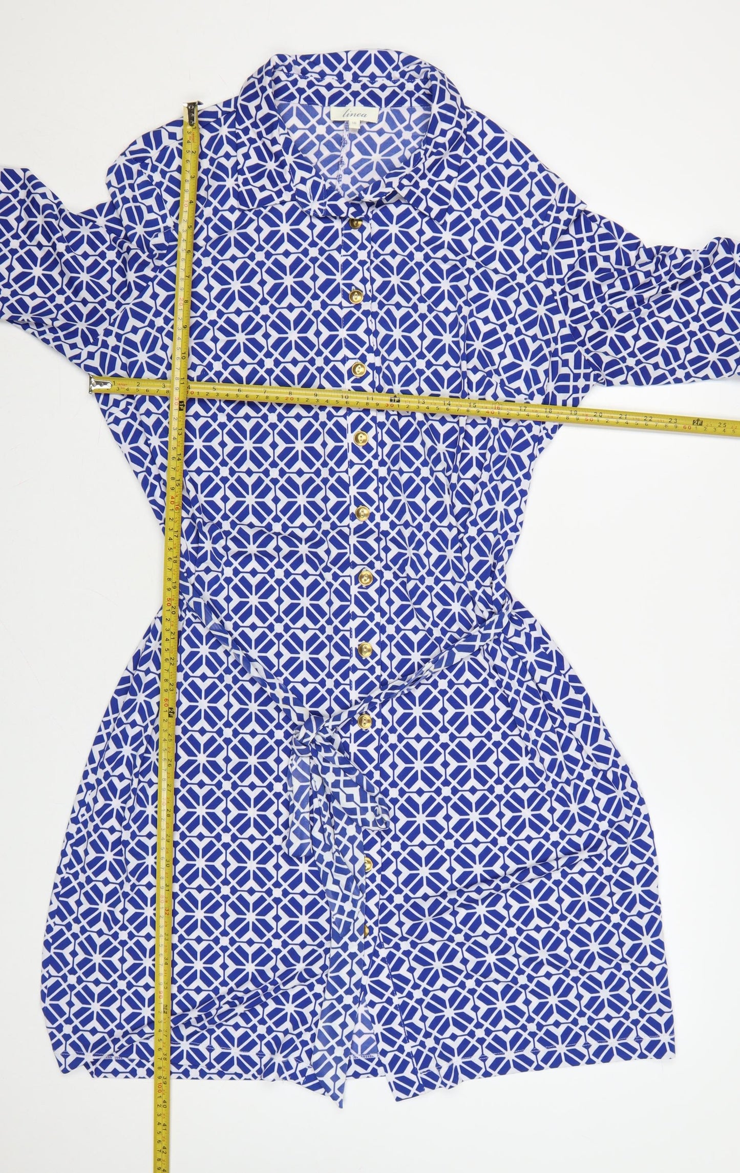 Linea Women Blue Geometric Collared Shirt Dress Size 18