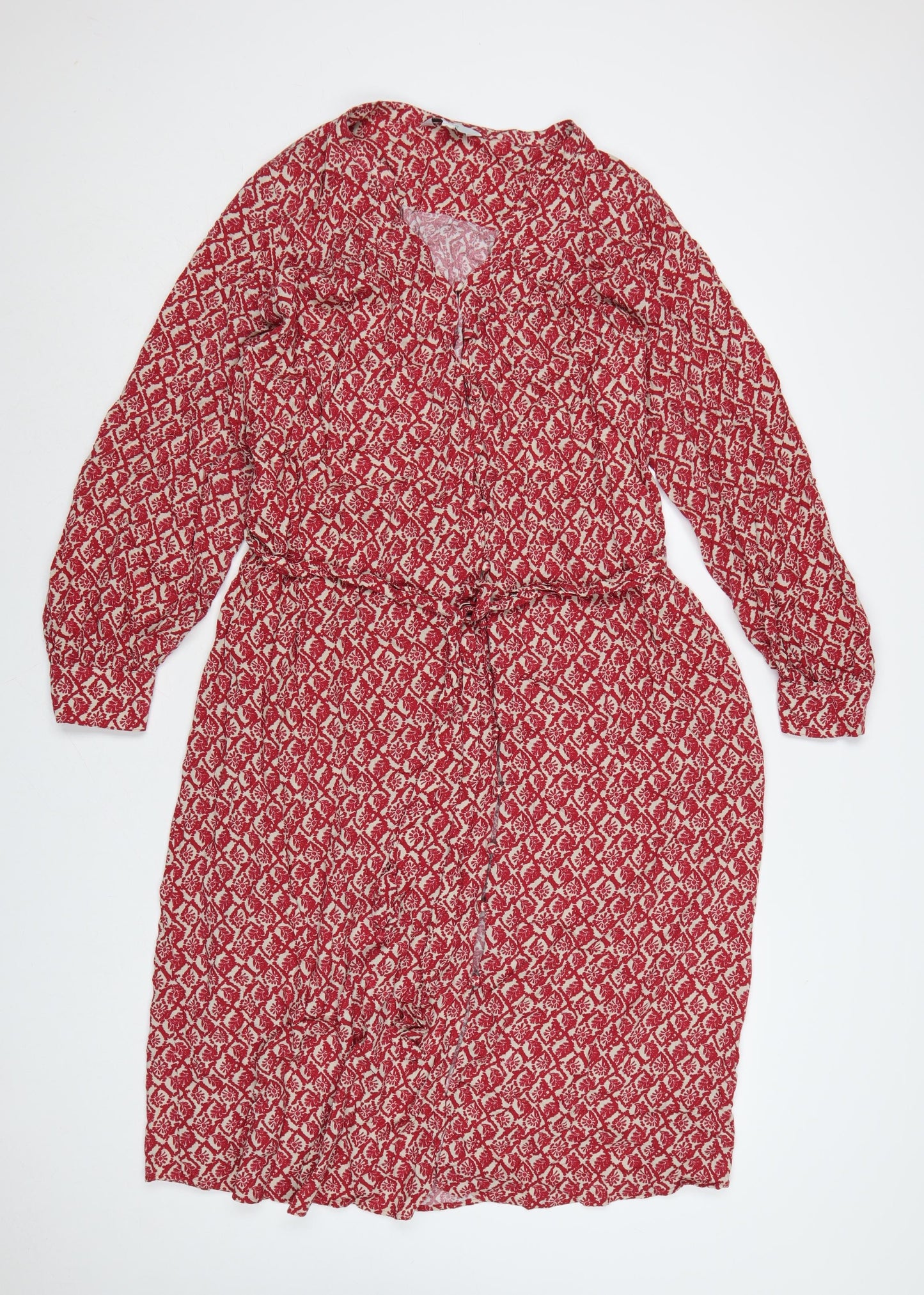 Marks and Spencer Women Red Floral Viscose Belted Shirt Dress Size 18
