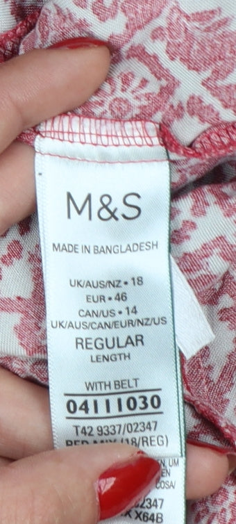 Marks and Spencer Women Red Floral Viscose Belted Shirt Dress Size 18