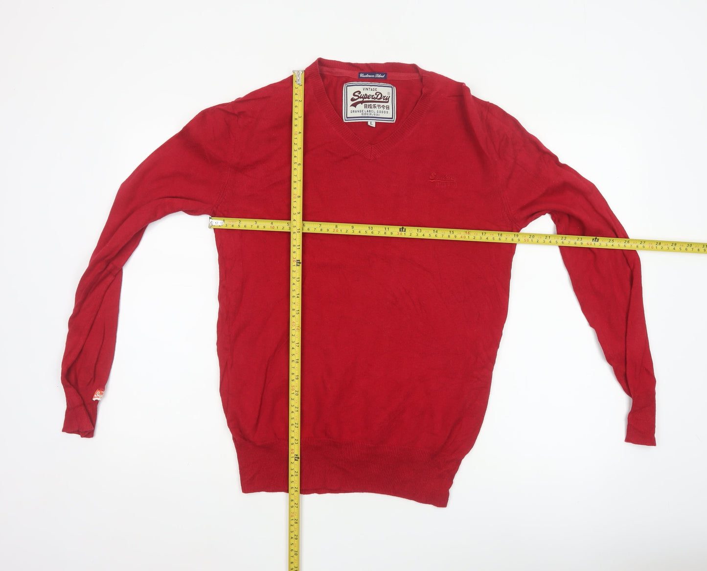Superdry Men’s Red L Cashmere Blend V-Neck Knit Pullover Jumper