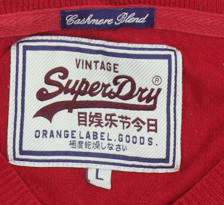 Superdry Men’s Red L Cashmere Blend V-Neck Knit Pullover Jumper