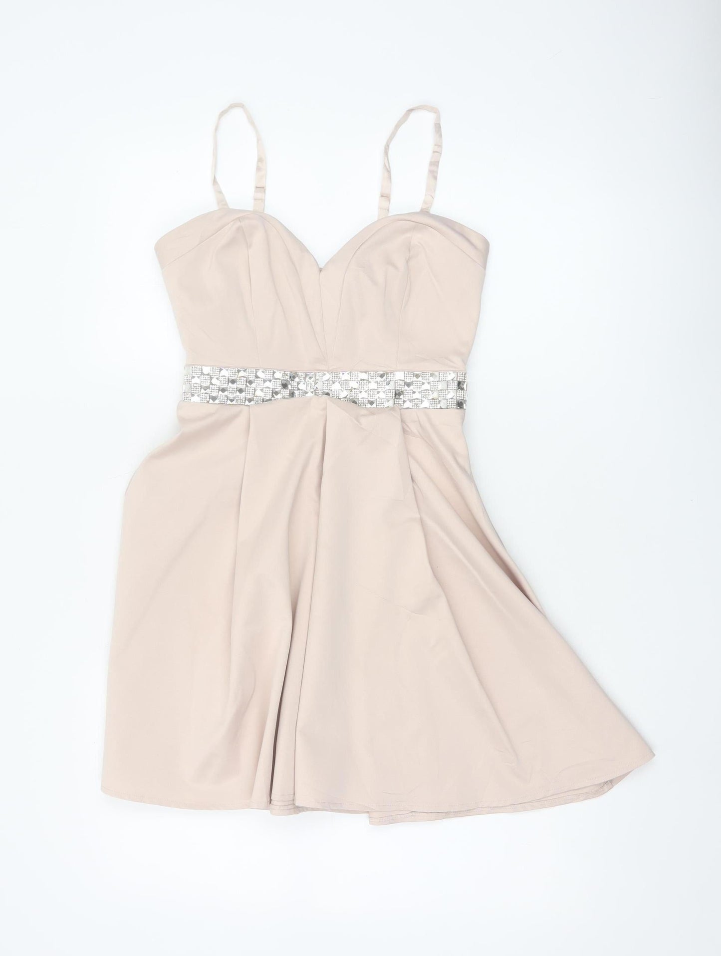 Lipsy Women Beige Size 8 Fit & Flare Rhinestone Party Mini Dress