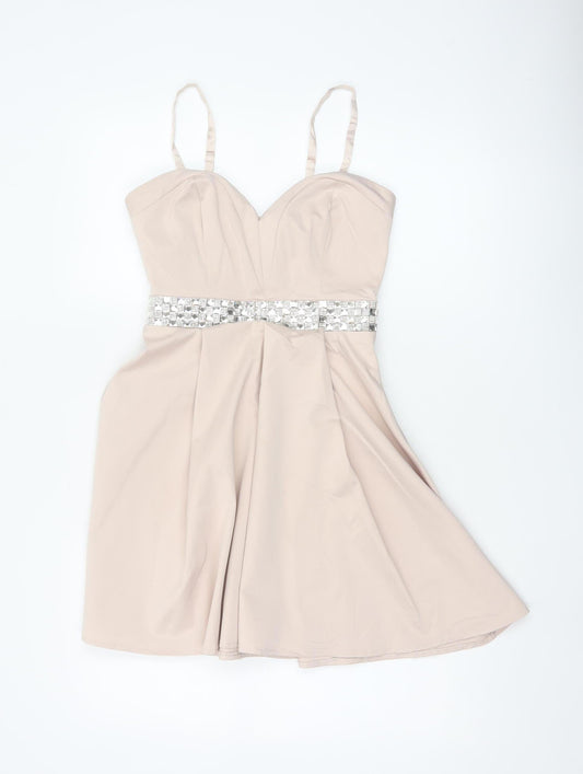 Lipsy Women Beige Size 8 Fit & Flare Rhinestone Party Mini Dress