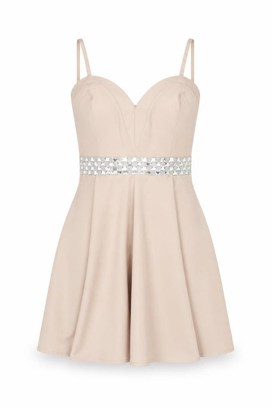 Lipsy Women Beige Size 8 Fit & Flare Rhinestone Party Mini Dress