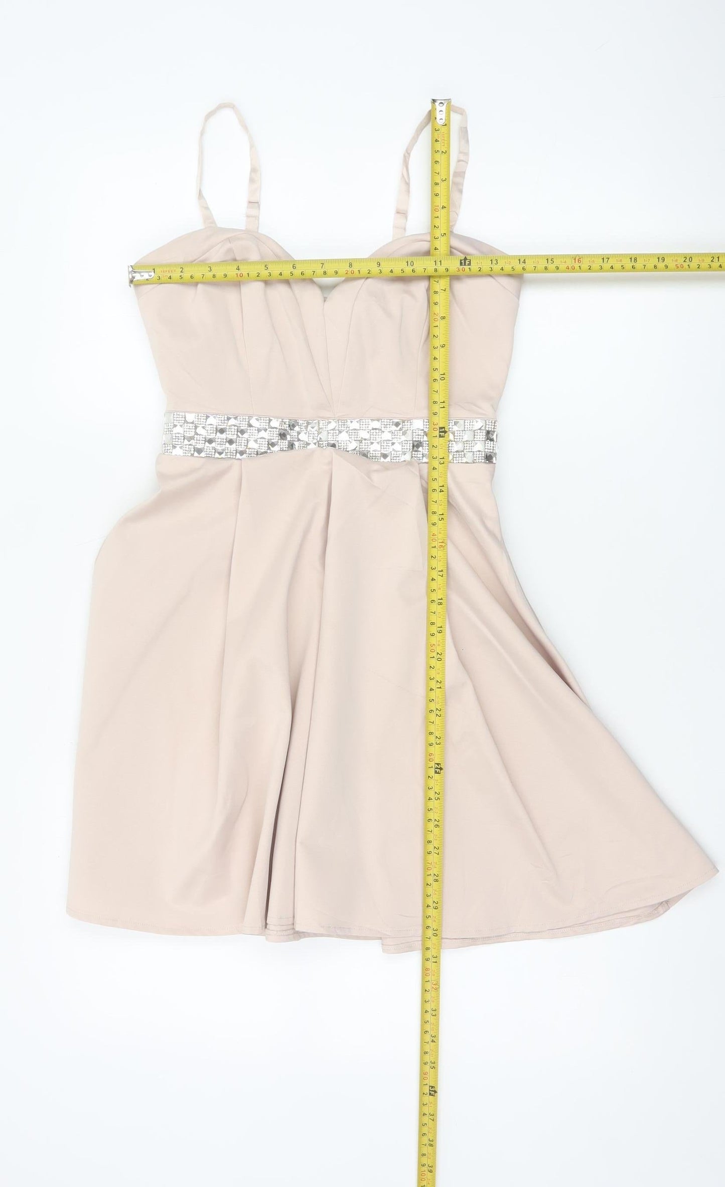 Lipsy Women Beige Size 8 Fit & Flare Rhinestone Party Mini Dress