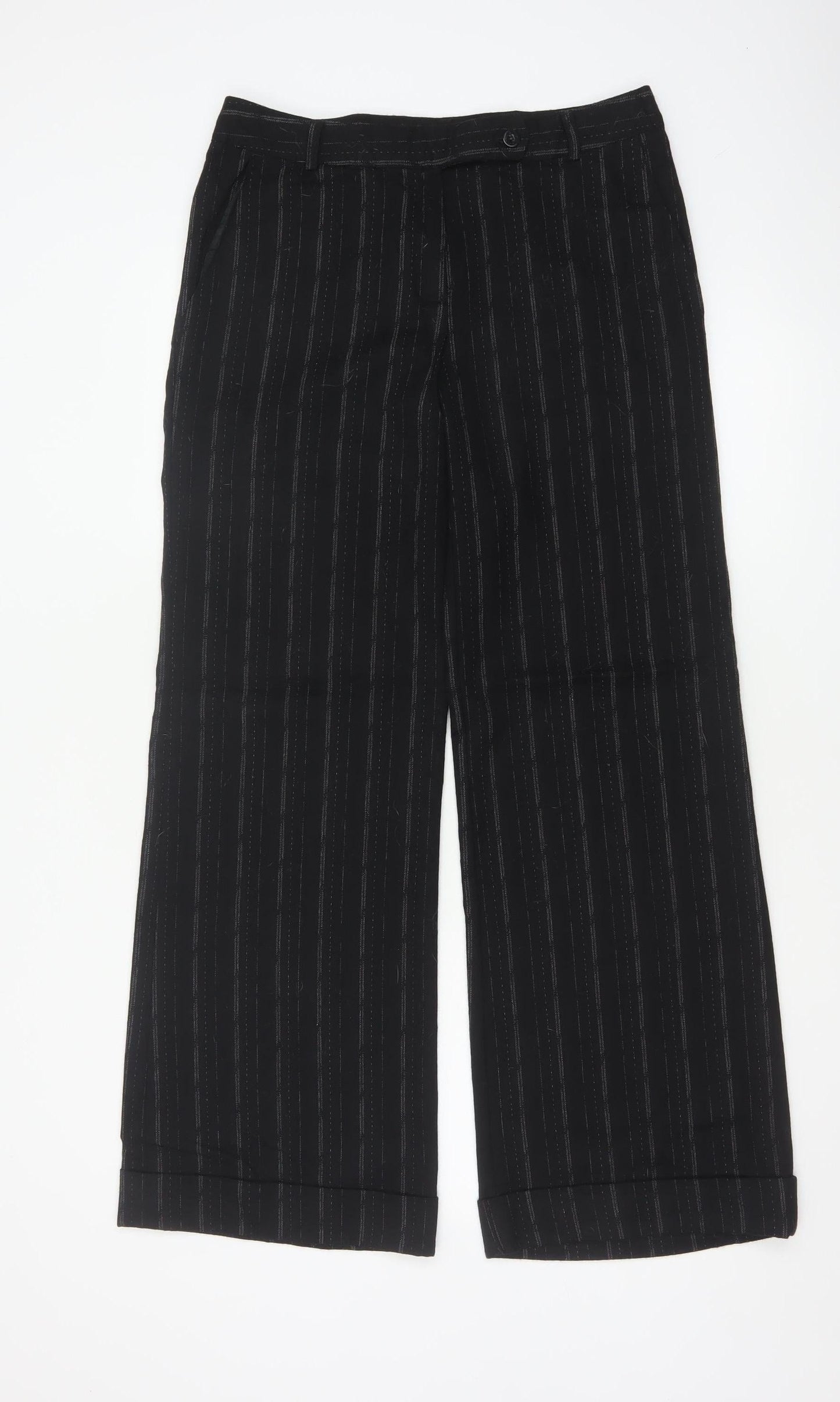 Next Women’s Black Striped Wool Blend Wide-Leg Trousers UK 10 Regular