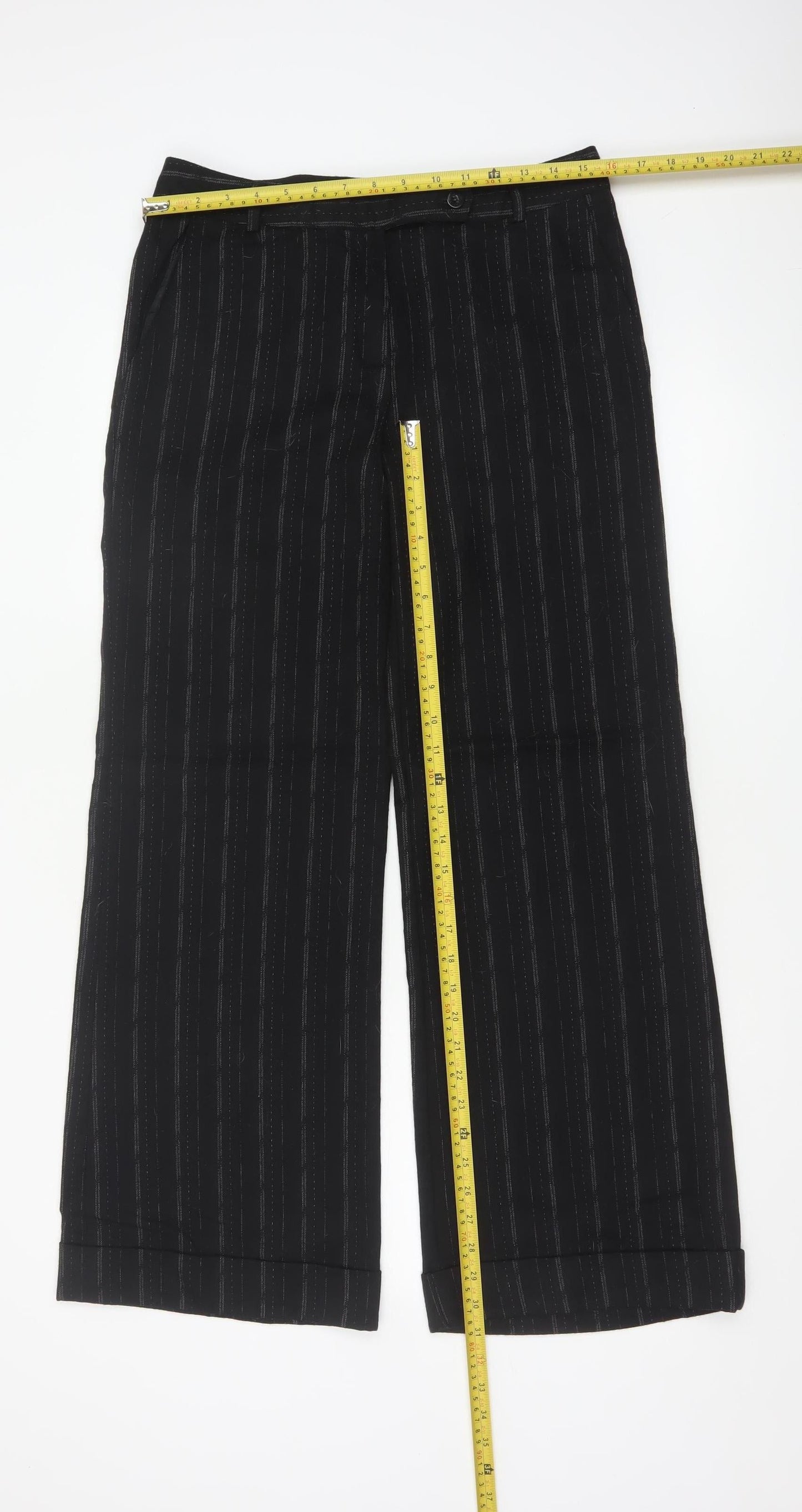 Next Women’s Black Striped Wool Blend Wide-Leg Trousers UK 10 Regular