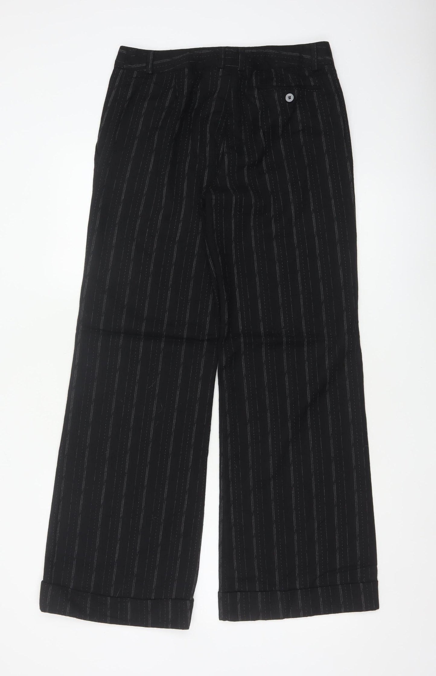 Next Women’s Black Striped Wool Blend Wide-Leg Trousers UK 10 Regular