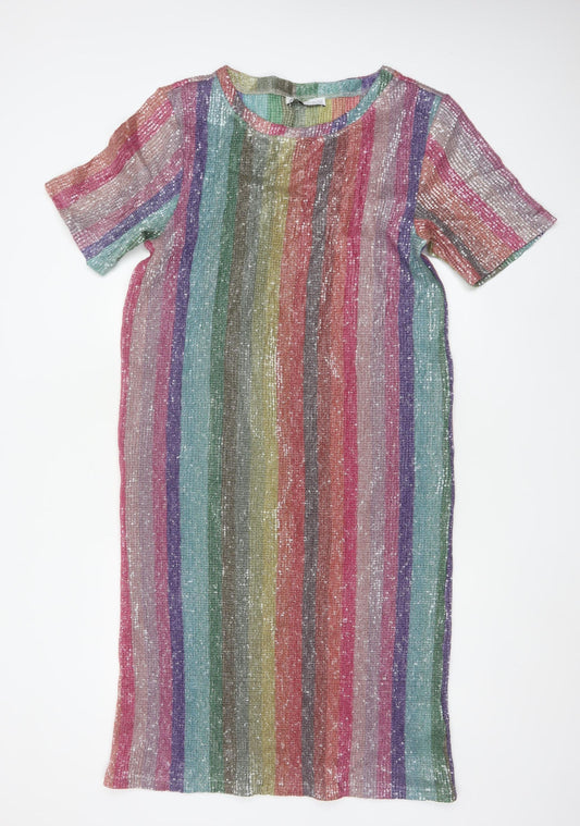 Zara Women Multicoloured Sequin Striped Midi Sheath Dress Size S