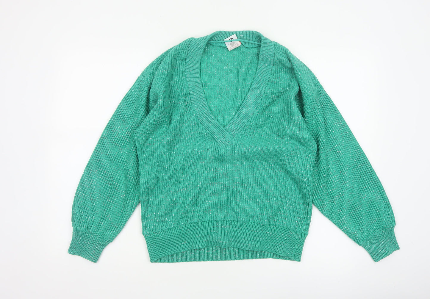 C&A Women Green Silver Glitter V-Neck Knit Pullover Jumper UK 18