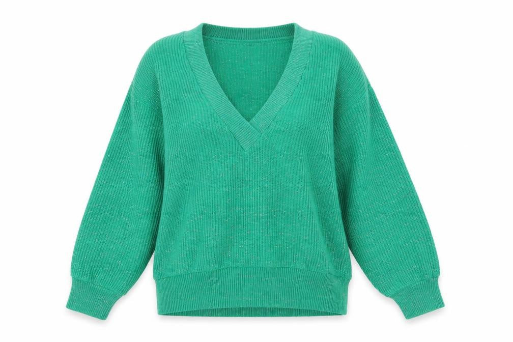 C&A Women Green Silver Glitter V-Neck Knit Pullover Jumper UK 18