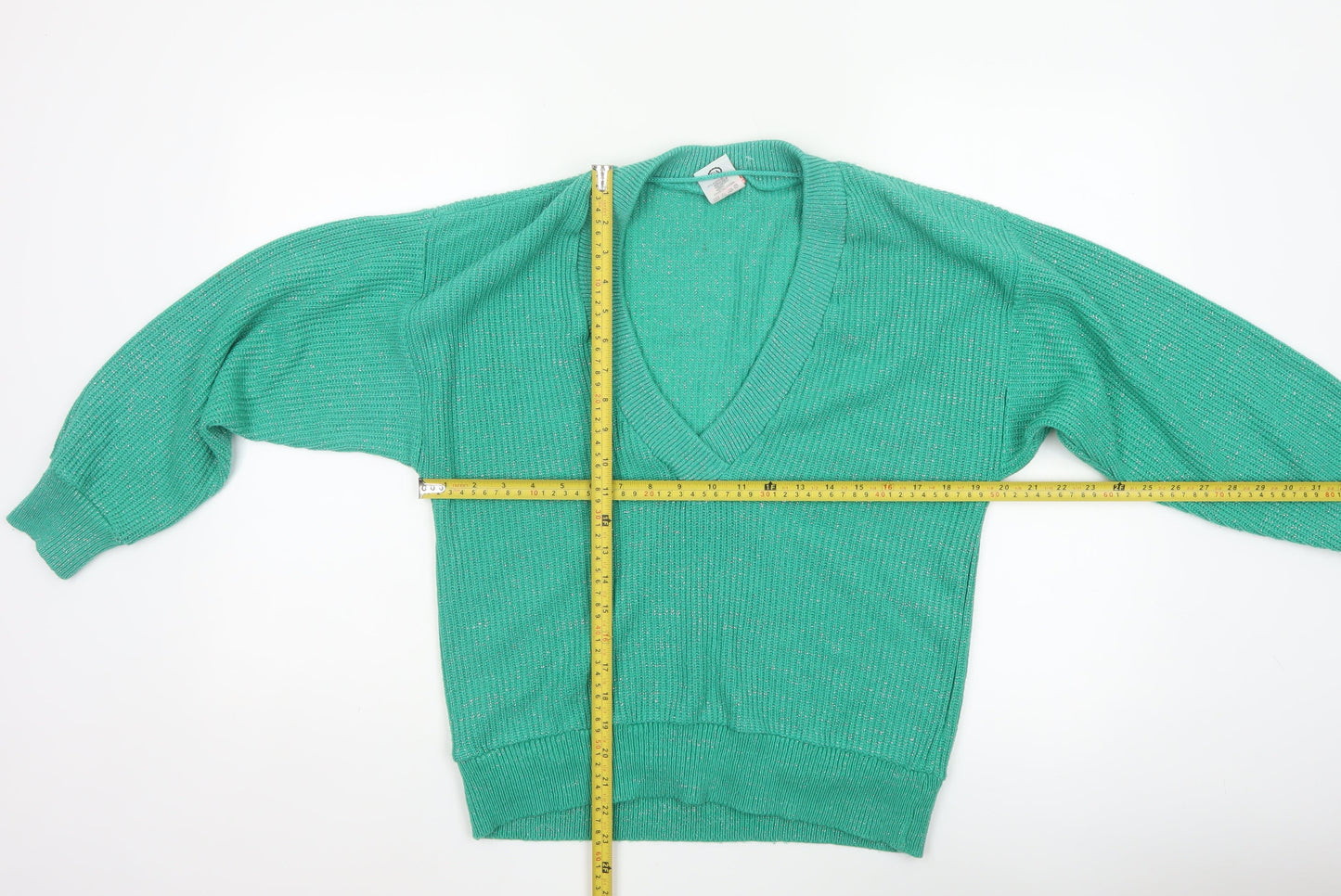 C&A Women Green Silver Glitter V-Neck Knit Pullover Jumper UK 18