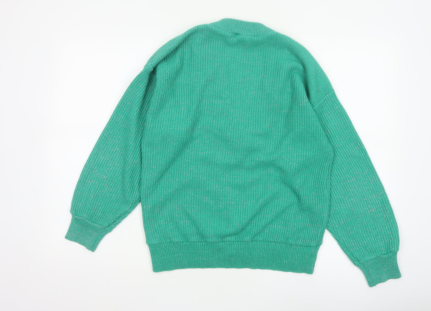C&A Women Green Silver Glitter V-Neck Knit Pullover Jumper UK 18