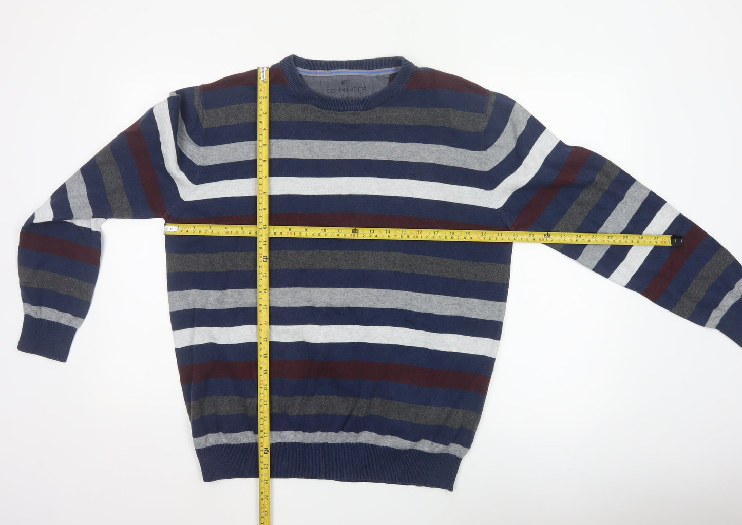 Commander Men’s Multicoloured Striped Cotton Crew Neck Pullover Jumper L