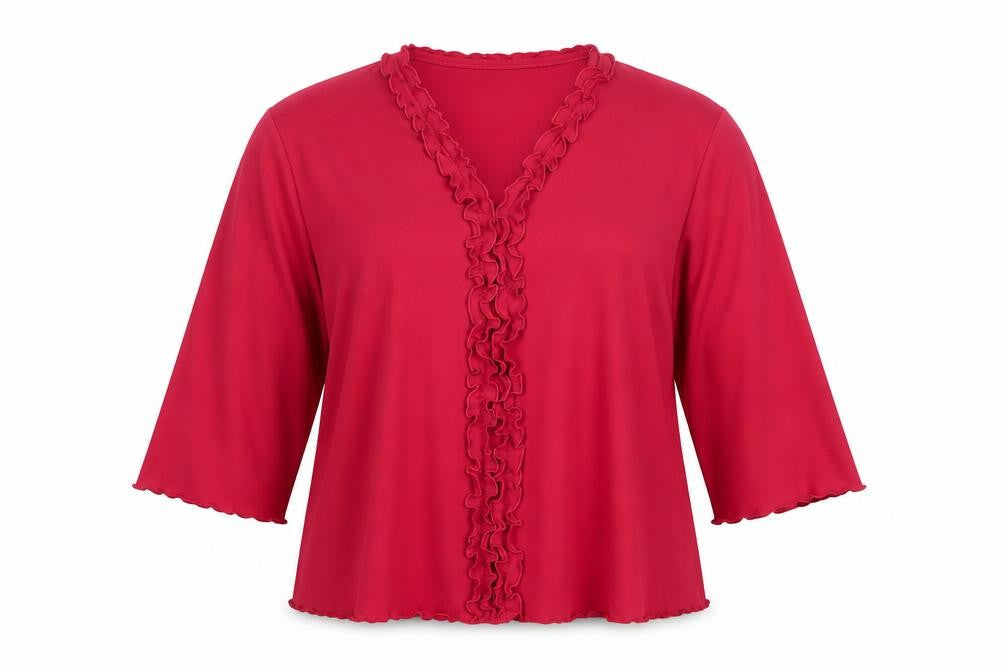 Poppy Women Pink UK 20 Ruffle V-Neck 3/4 Bell Sleeve Jersey Blouse