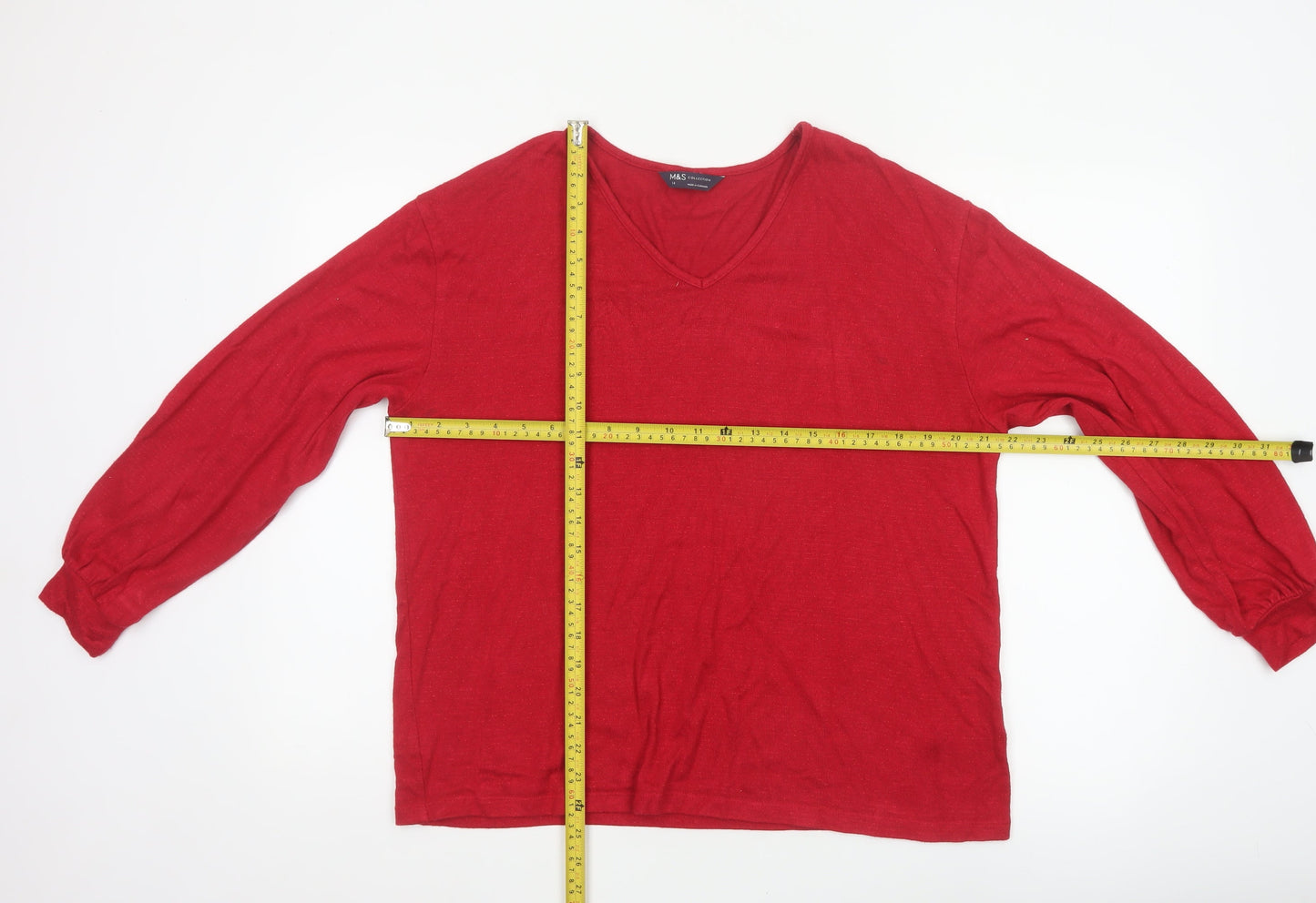 Marks and Spencer Women Red UK 14 V-Neck Glitter Jersey Top