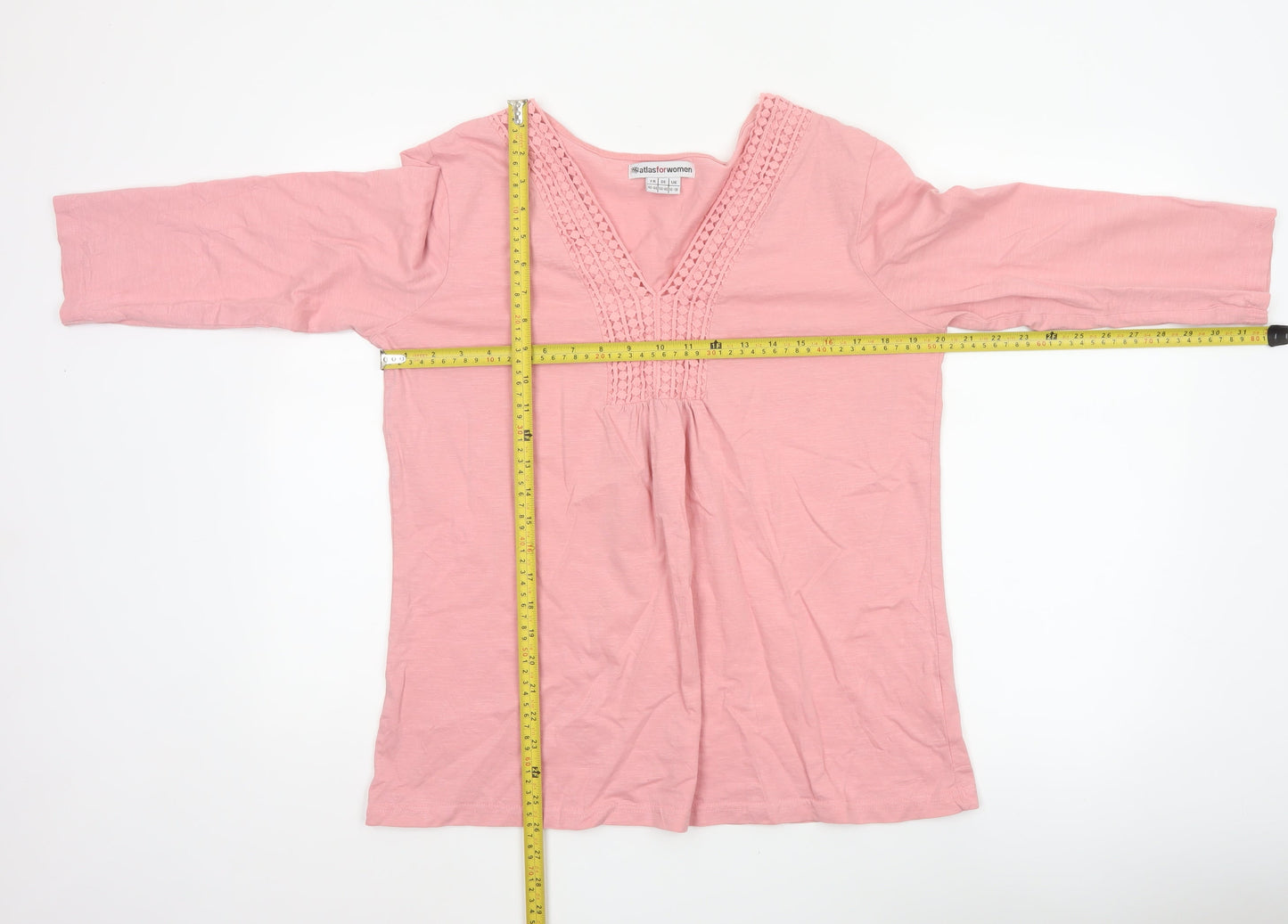 Atlas for Women Pink Cotton Crochet V-Neck Tunic Top UK 18