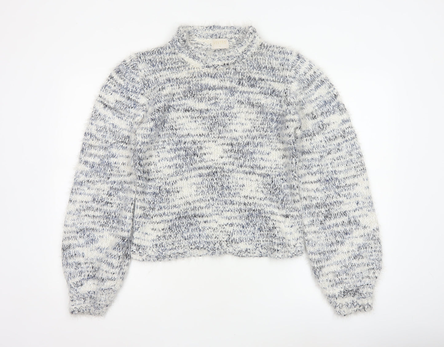 Lauren Taylor Women’s Blue Ivory Stripe Chunky Knit High Neck Jumper M