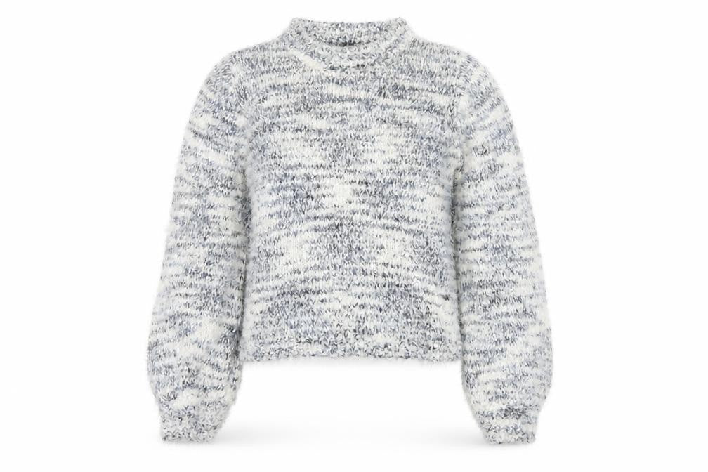 Lauren Taylor Women’s Blue Ivory Stripe Chunky Knit High Neck Jumper M