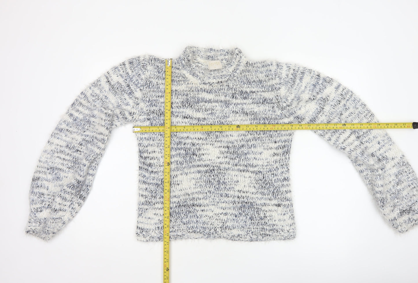 Lauren Taylor Women’s Blue Ivory Stripe Chunky Knit High Neck Jumper M