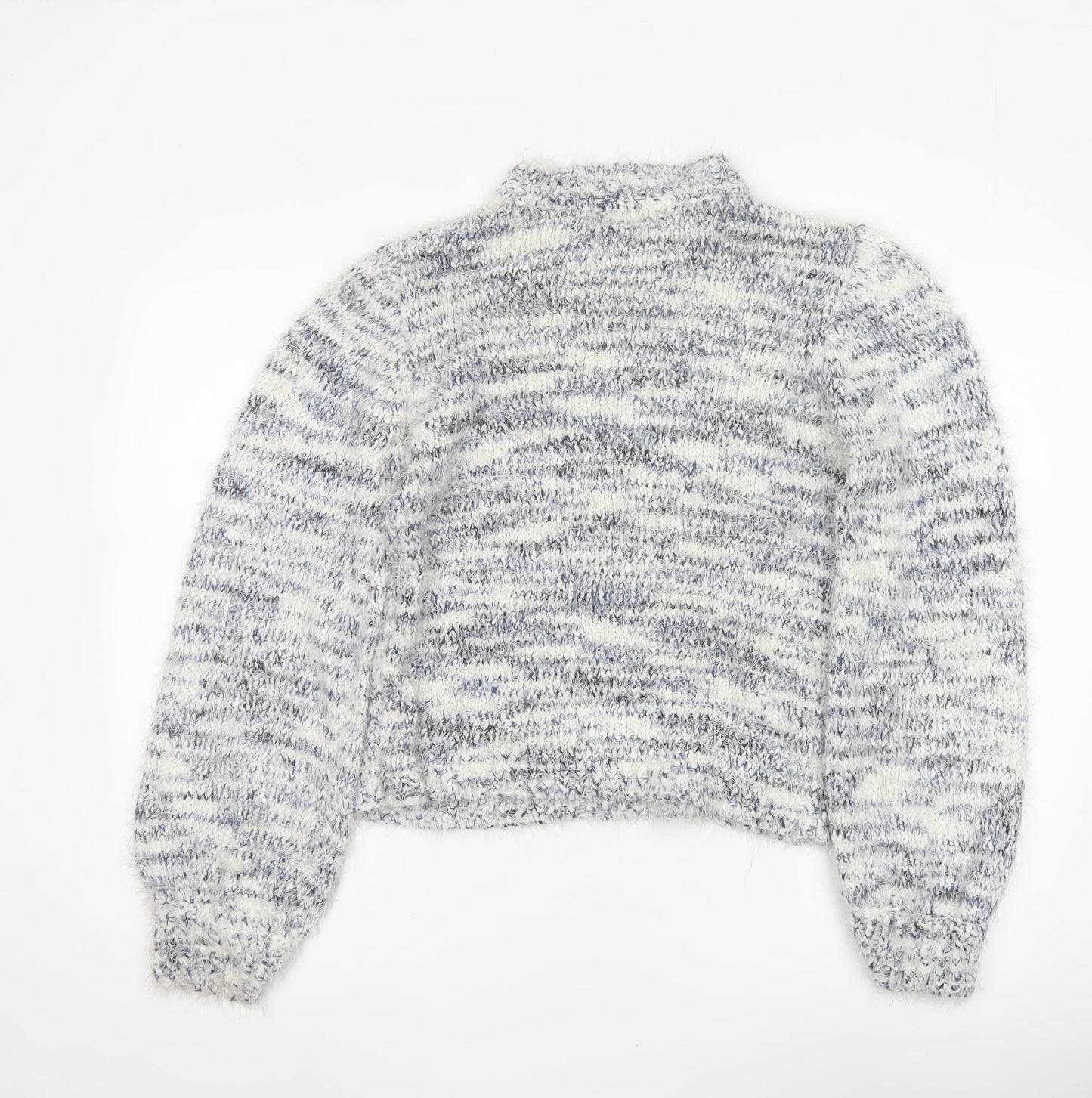 Lauren Taylor Women’s Blue Ivory Stripe Chunky Knit High Neck Jumper M